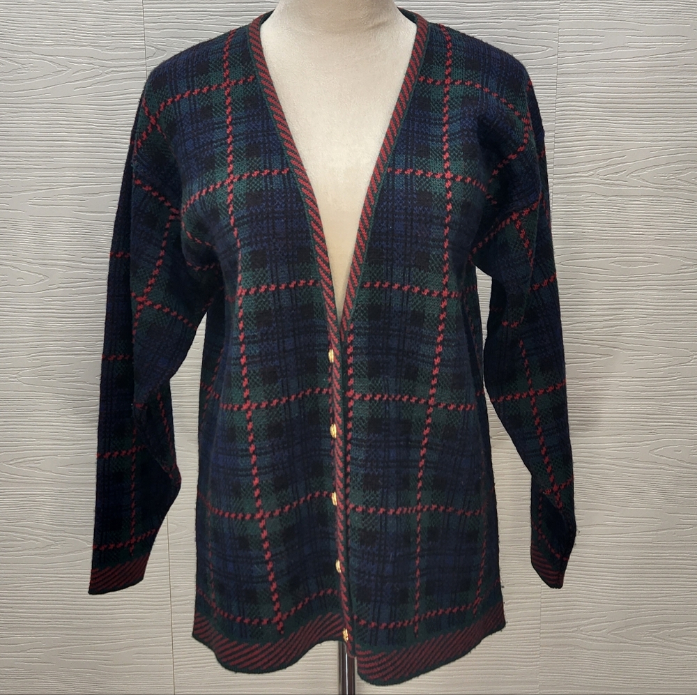 PENDLETON Green & Red Plaid 100% Wool V-Neck Cardigan Sweater Petite Medium